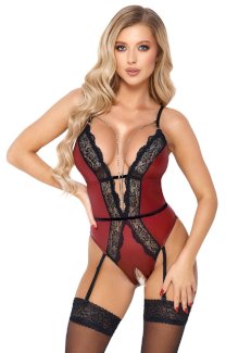 Body ouvert mit Strapsen, edler roter Mattlook mit schwarzer Spitze